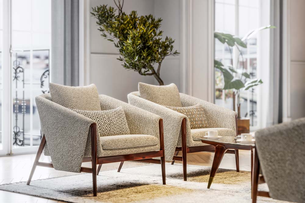 3d render of a stylish armchairs in brightly lit living room