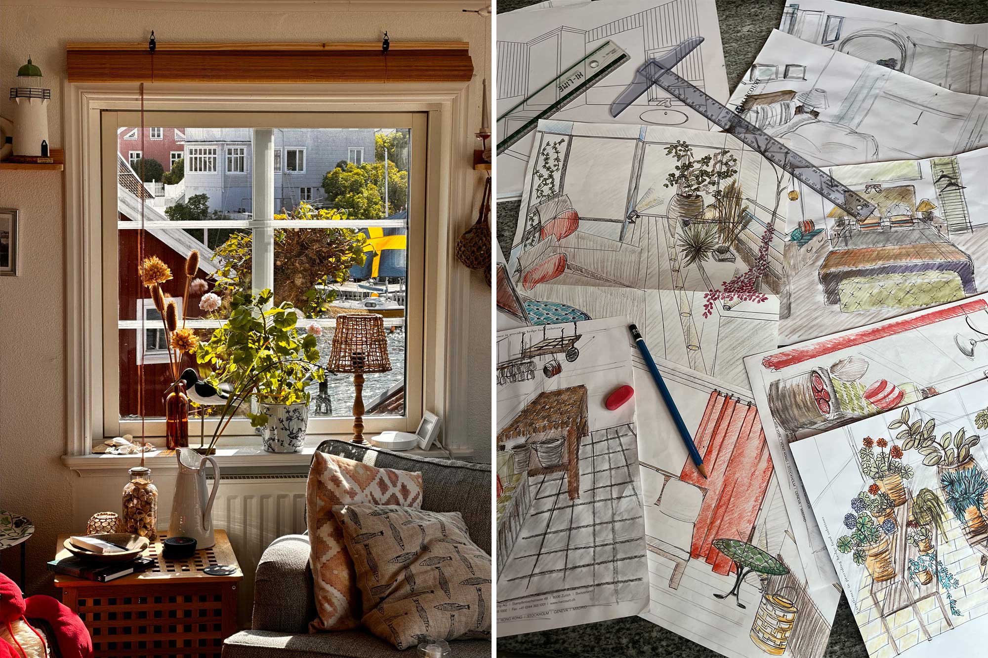 A window that is nicely decorated and a colorful sketch