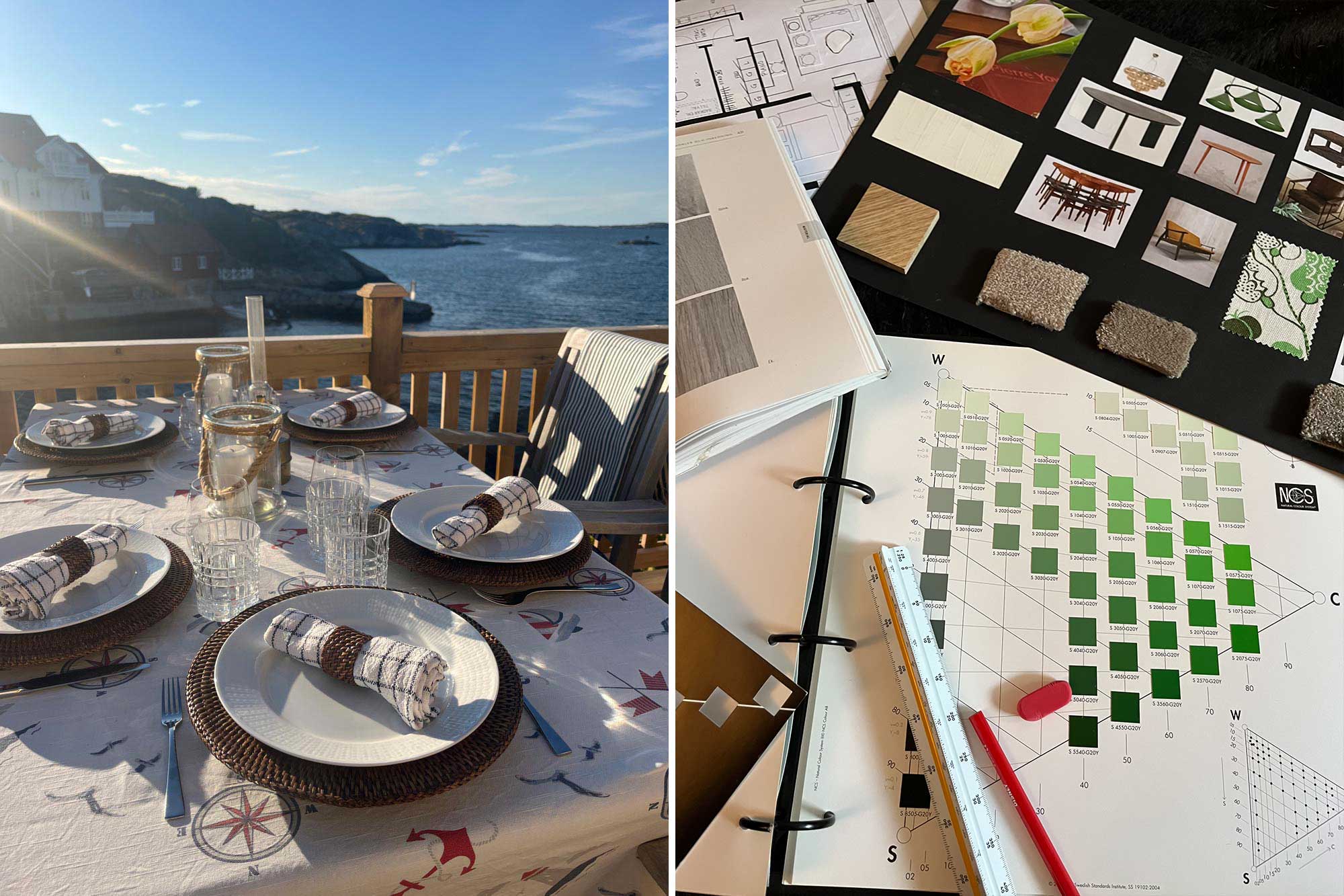 Decorated dinnertable and a sketch